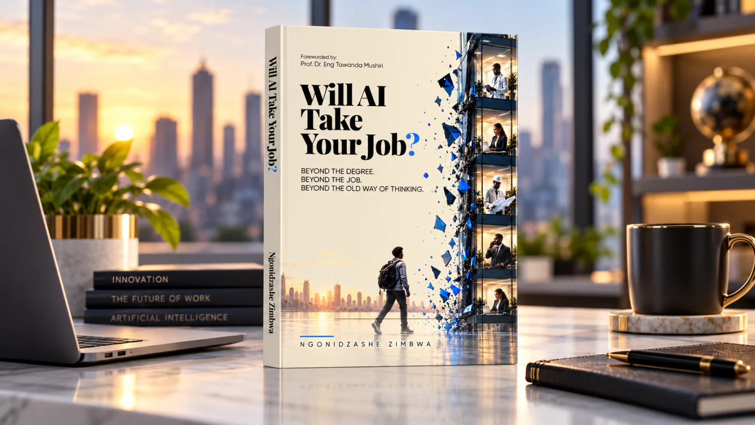 Will AI Take Your Job? on a desk with a laptop and the city skyline