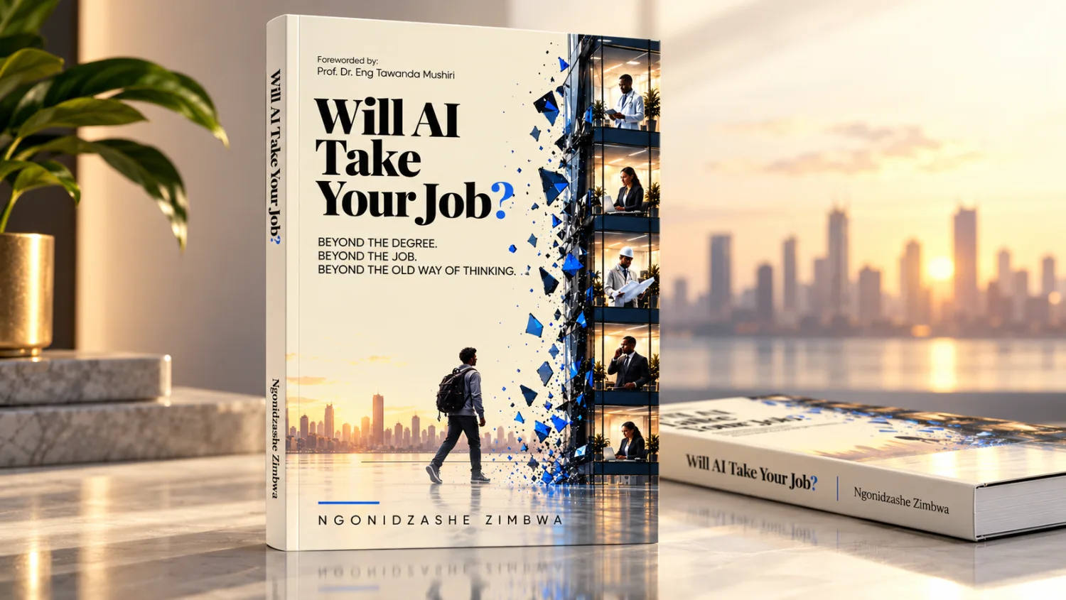 Will AI Take Your Job? by a window overlooking the city